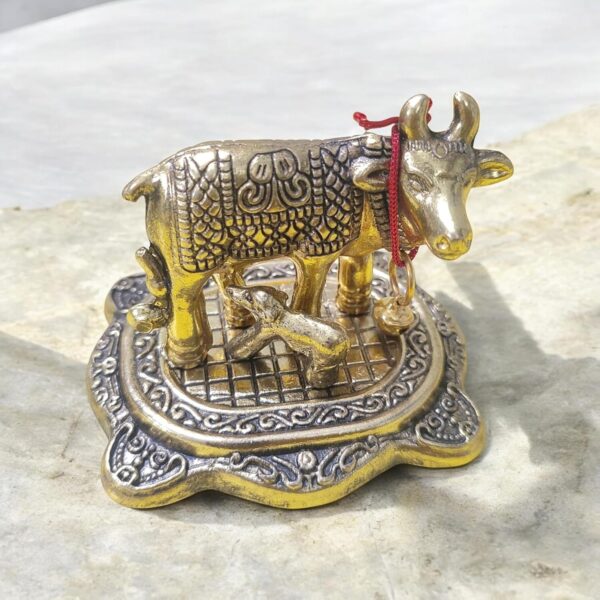 Arembi Kamdhenu Cow and Calf Metal Statue,7cm, Gold