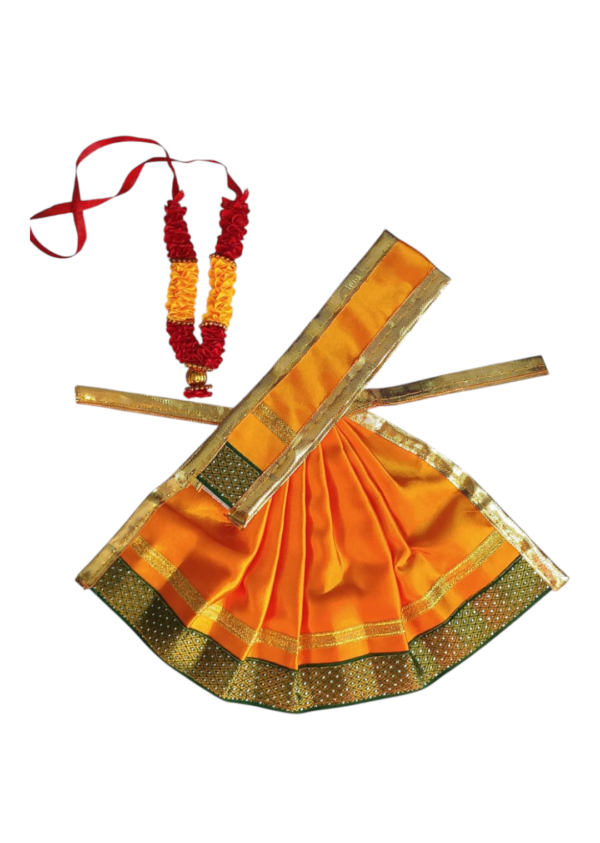AREMBI- Amman Multi Colour Silk Pavadai With Artificial Flower Maalai, Navaratri Pavadai, Matarani Poshaki, Durga Saraswati, Radha Chunri Patka Ghagra Dress For Pooja.